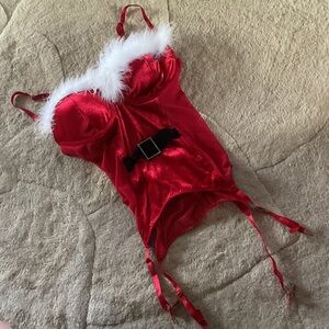 Red Satin Christmas Lingerie with Fur Trim
